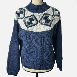 Navy Blue White Sweater Hand Knit Cable Pullover Siz M Medium by Jamie Scott Vtg